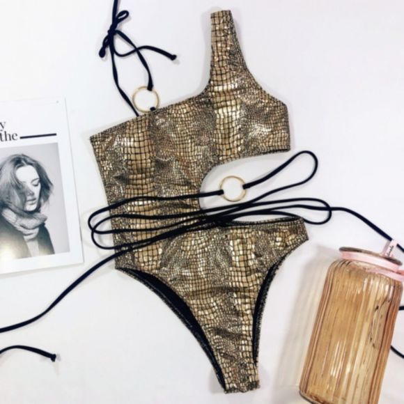 Other - Shiny Gold Snake Skin Print One Piece Sw…
